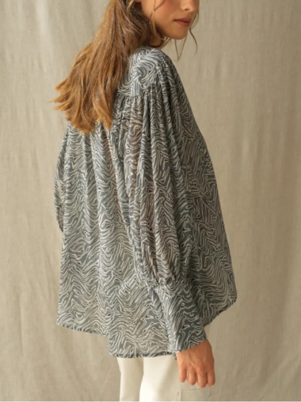 Hana San Ivette Oversized Cotton Voile Blouse – Stormy Blue Ripple Print